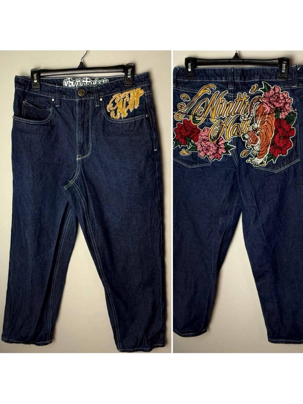 Ninth Hall Ambush Jeans Mens 30 x27 Tiger Floral Embroidered Baggy Y2K Dark Wash